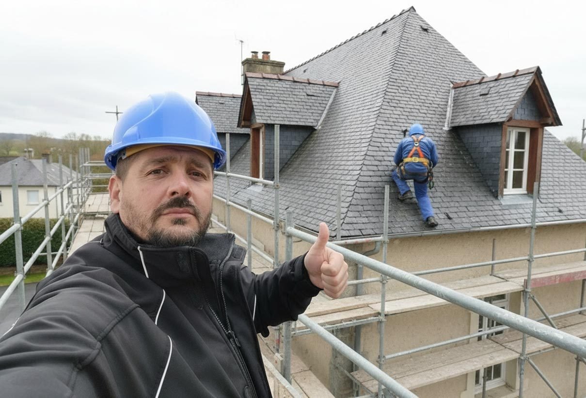 Antoine Faucheux, casque sur la tête, sur l'échafaudage d'un chantier de couverture en ardoise, un couvreur harnaché travaillant sur le toit derrière lui